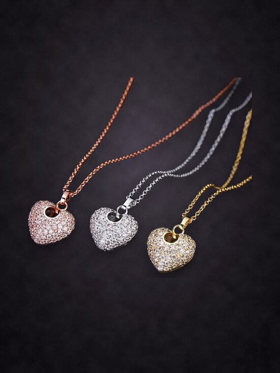 Jewelry - Pave Crystal Puffed Heart Necklace, Rose, Yellow or White Gold Plated NWT